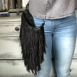 Black Vegan Leather Fringe Purse w/ Chain Strap